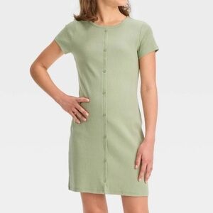 Art Class Girls’ Fitted Button Front Short Sleeve Knit Dress - Dusted Olive XS